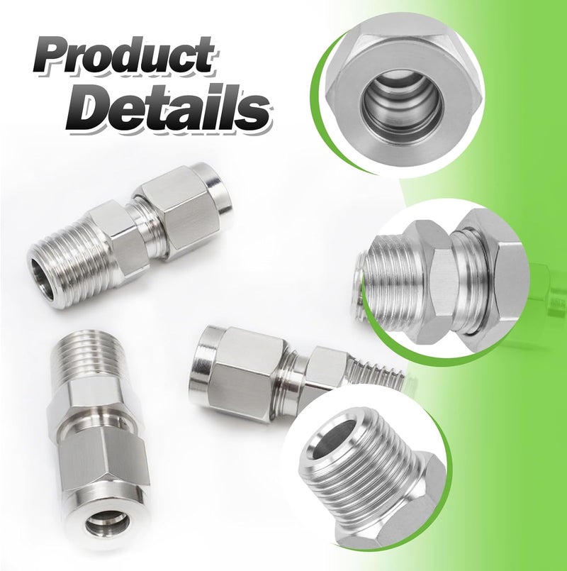 Goldpea 2PCS 304 Stainless Steel Compression Tube Fitting, 1/2" OD x 1/4" NPT Male Straight Adapter with Double Ferrules - Image 2